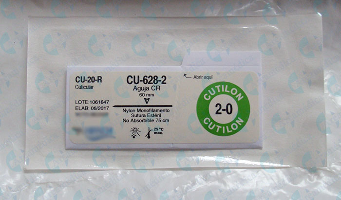 Sutura nylon 2-0 recta CU-682 aguja 60mm Cuticular negra 75cm cutilon CU20R