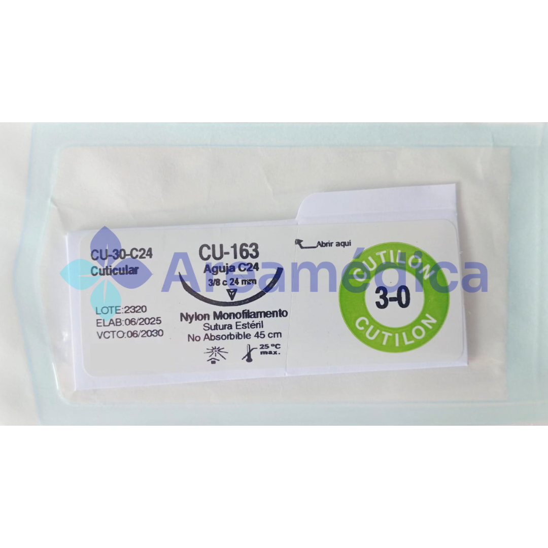 NYLON 3.0 CURVA CORTANTE AGUJA 3/8C 24MM 45 CM HEBRA NEGRA SUTURA CU-30-C24