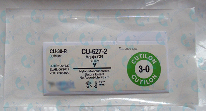 Sutura nylon 3-0 recta CU-627-2 cuticular aguja CR60mm hebra negra 75cm