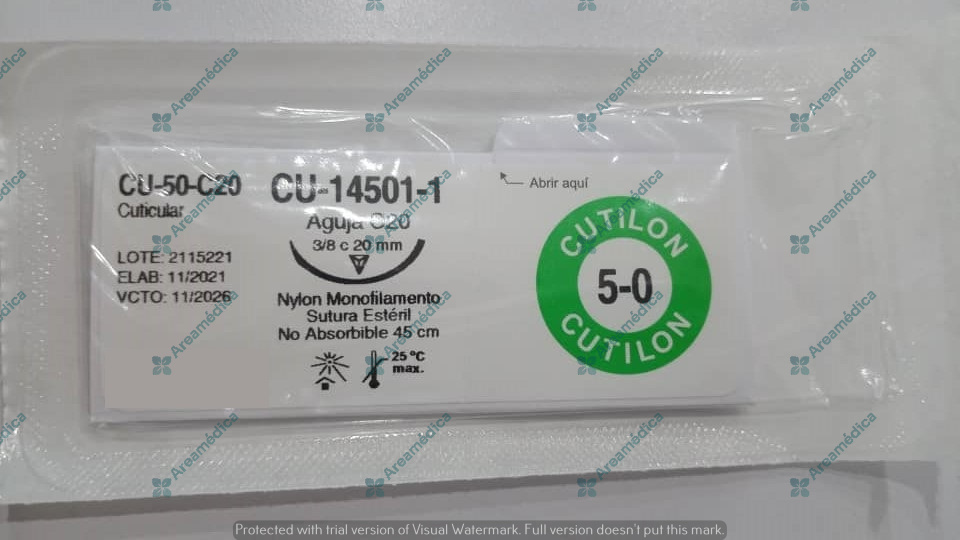Nylon 5-0  Aguja Curva Cortante 20mm  EQ: CU-14501Hebra Negra 45cm CU-50-C20
