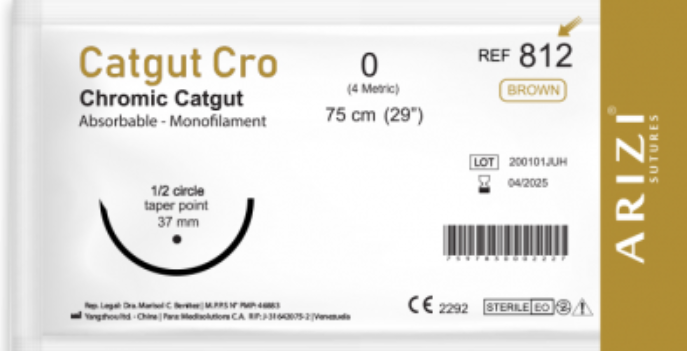 Catgut Cromico 0 Curva No Cortante CC-812  Aguja CT1 &frac12; 37mm 75cm Absorbible