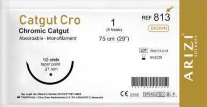 Catgut Cromico 1 Curva No Cortante CC-813 Aguja CT1 &frac12; 37mm 75cm Absorbible