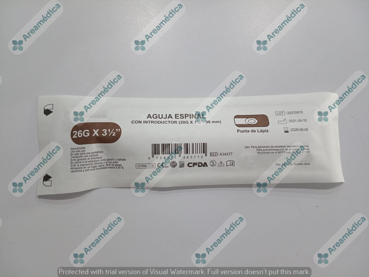 Aguja Espinal Raquidea Desechable Esteril 26G x 90mm con Introductor 20G x 1 &frac12;&rdquo;