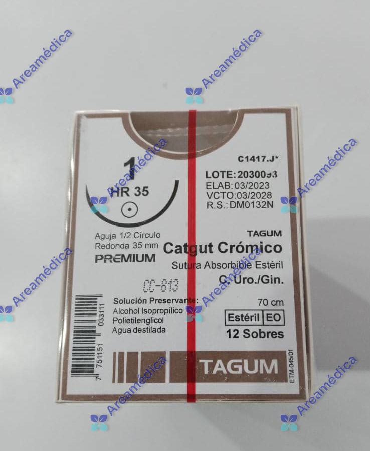 Catgut Cromico 1 Curva No Cortante J-813 Aguja CT1 1/2  35mm 70cm Absorbible