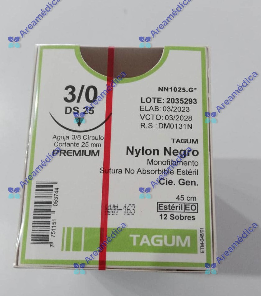 Nylon 3.0 Curva Cortante NNM-163 1 Aguja 3/8C 25mm 45cm Hebra Negra Sutura
