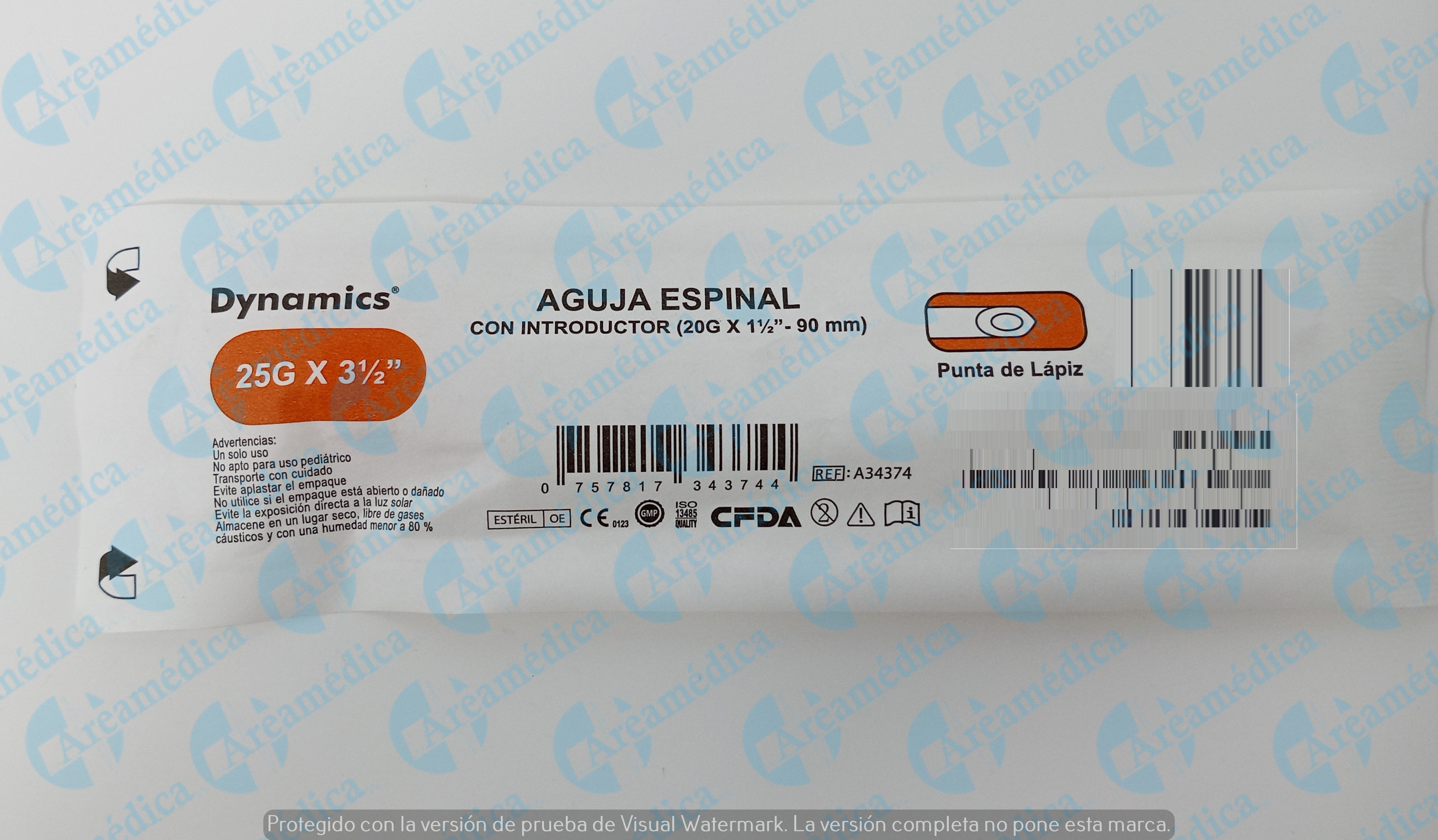 Aguja espinal raquidea  esteril 25 g x 90 mm con introductor