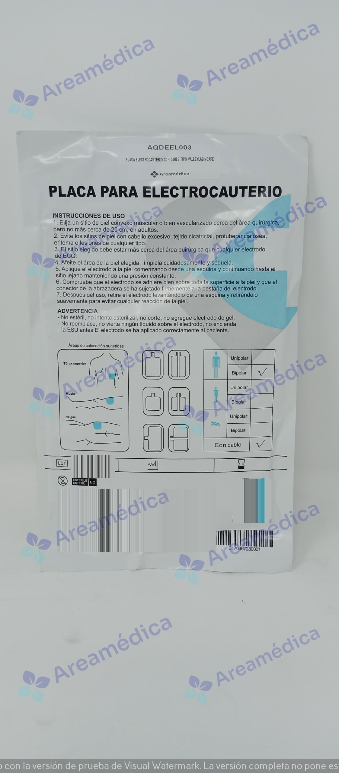 Placa para electrocauterio con cable tipo valleylab descartable.