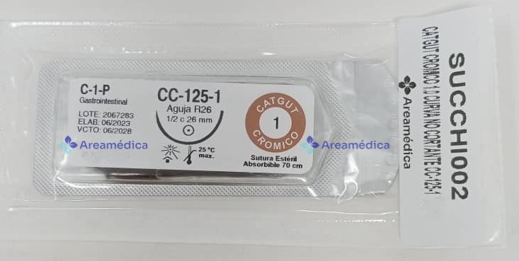 Catgut Cromico 1 Curva No Cortante CC-125-1 Aguja 1/2C 26mm 70cm Sutura Absorb