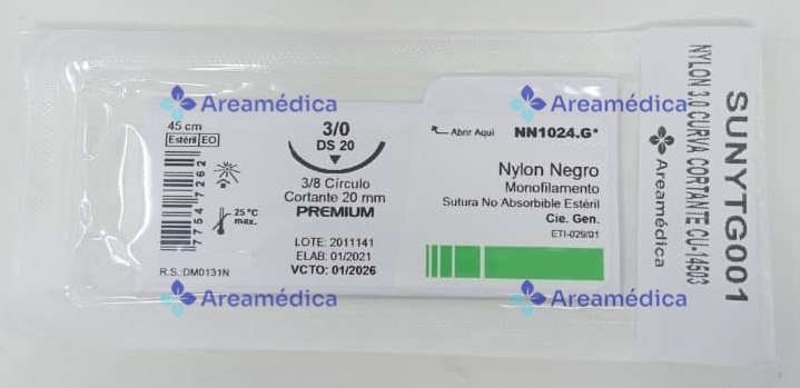 Nylon 3.0 Curva Cortante CU-14503 Aguja 3/8C C20mm 45 cm Sutura No Absorbible