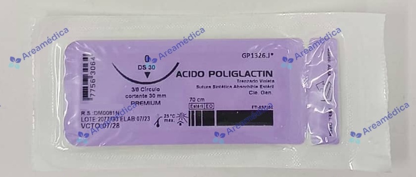 Vicryl 0 Curva Cortante 1 Aguja 3/8C 30mm 70cm Acido Poliglactin Sutura