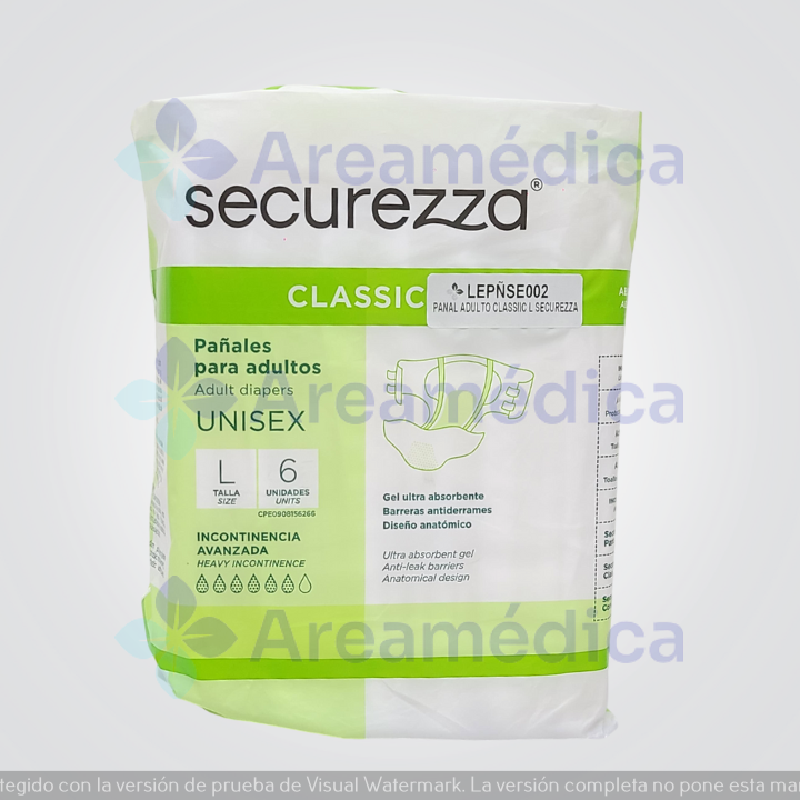 Pa&ntilde;al Adulto Classic L Paq X 6 UND Incontinencia Abundante Securezza