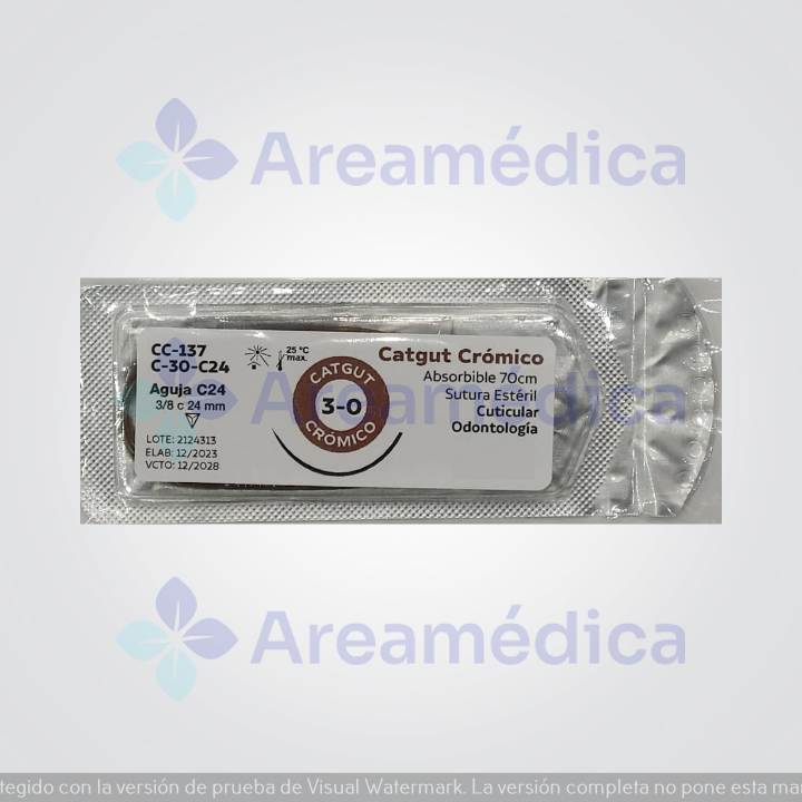 Catgut Cromico 3.0 Curva Cortante 1 Aguja 3/8C 24MM 70 CM Cuticular