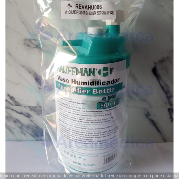 Vaso Humidificador Boca Angosta Bajo Flujo Descartable 500cc Valvula Alivio