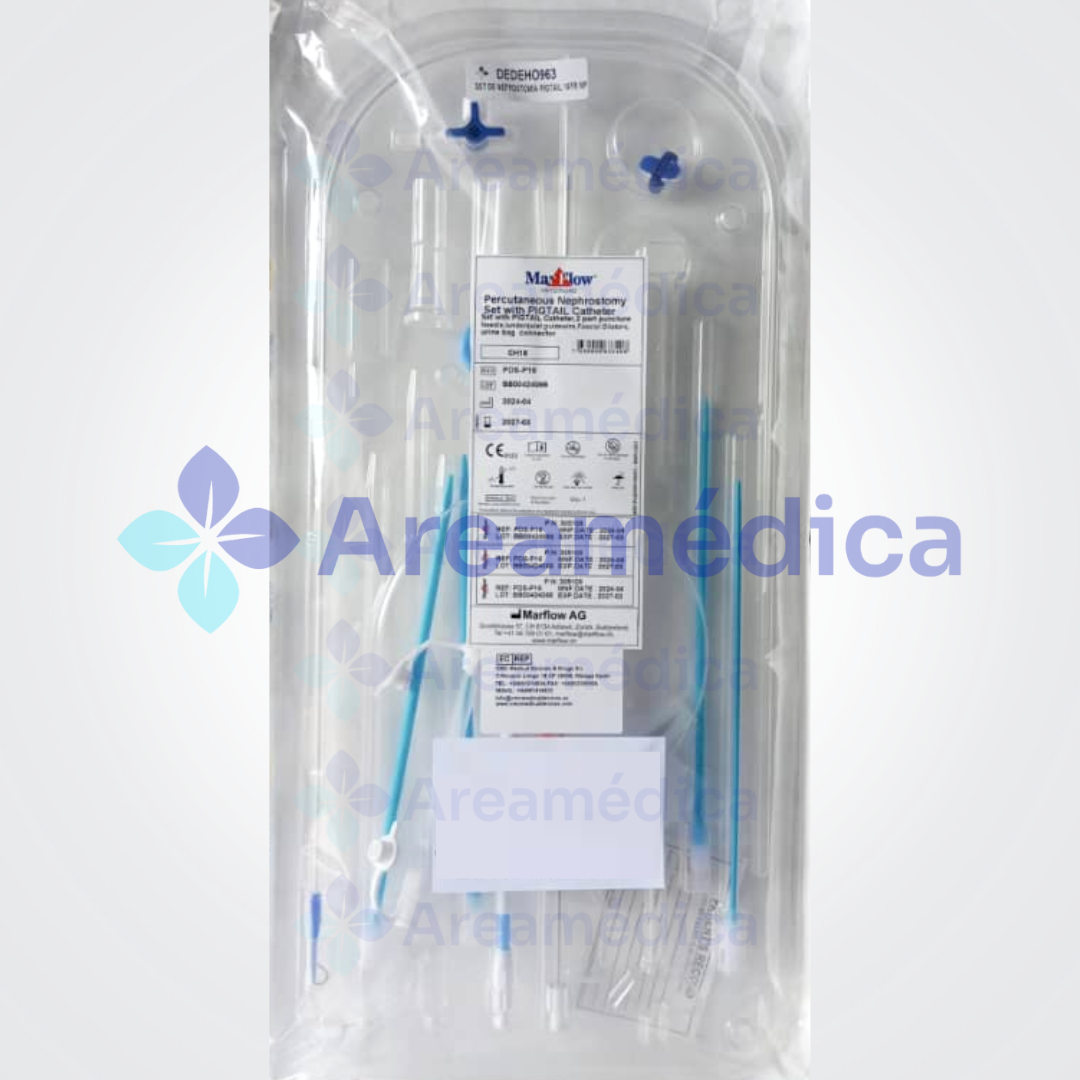 SET DE DRENAJE CON CATETER PIGTAIL 16FR, D-6-8-12-16 SET DE NEFROSTOMIA PIG TAIL