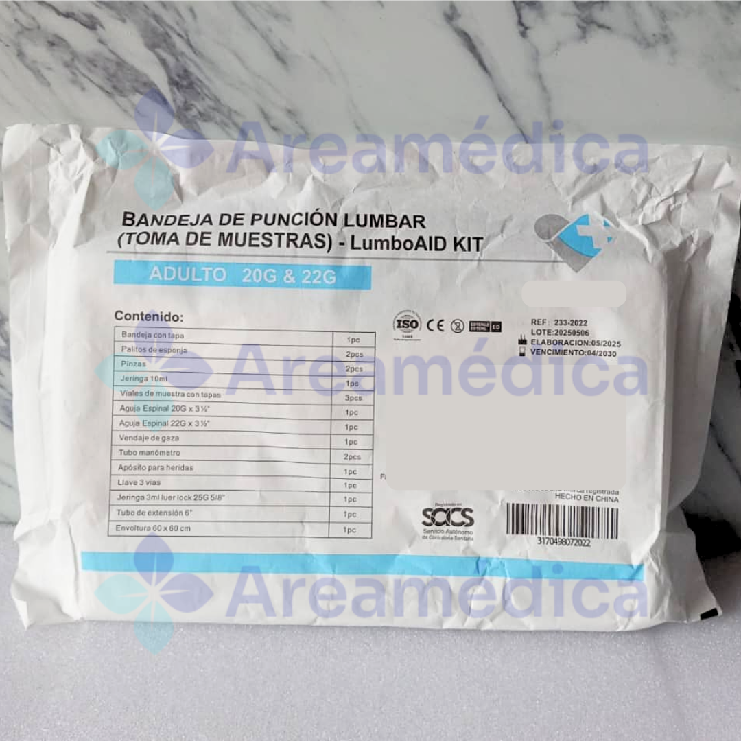 BANDEJA DE PUNCION LUMBAR ADULTO CON AGUJA ESPINAL 20-22G PARA TOMA DE MUESTRA