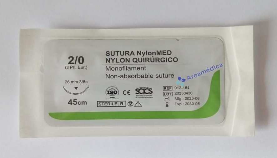 Nylon 2.0 Cortante J-164 1 Aguja 3/8 26mm 45cm Hebra Negra Cirugia General Sutur