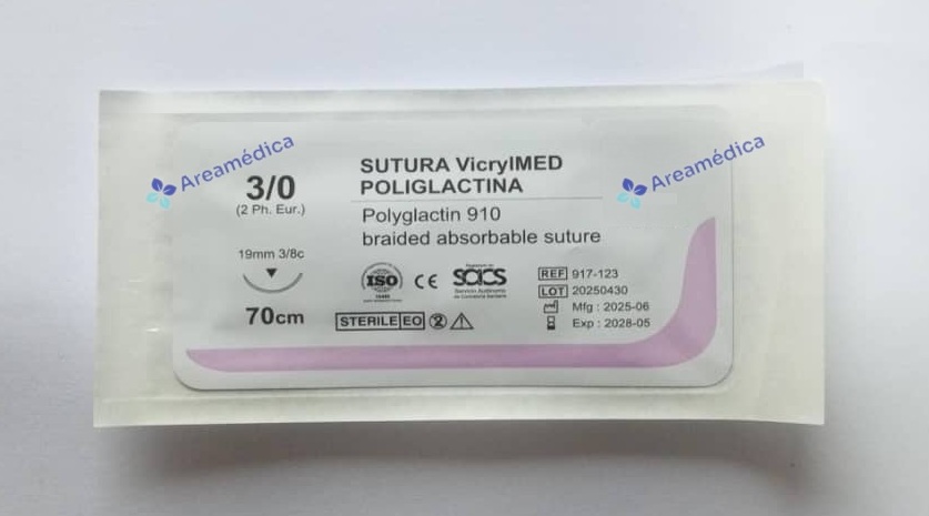 Vicryl 3.0 Curva Cortante V-123 Aguja 3/8C 19mm 70cm Absorbible Sintetica Sutura