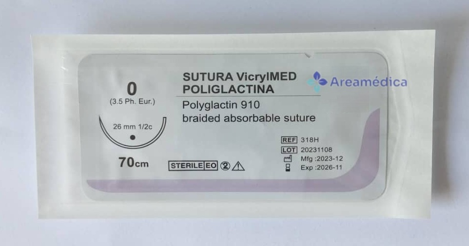Vicryl 0 Curva No Cortante V-318 Aguja 1/2C R26 26mm 70cm Poliglactina Sutura