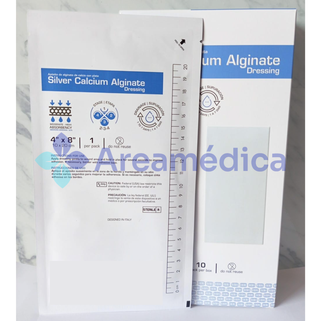 APOSITO FOAM CON ALGINATO DE CALCIO Y PLATA 10CMX20CM 4X8 PLG SIN BORDE