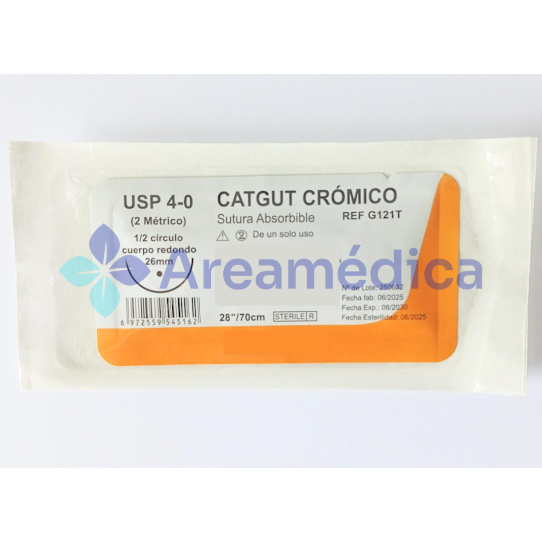 CATGUT CROMICO 4.0 CURVA NO CORTANTE AGUJA 1/2C R26 26MM 70CM