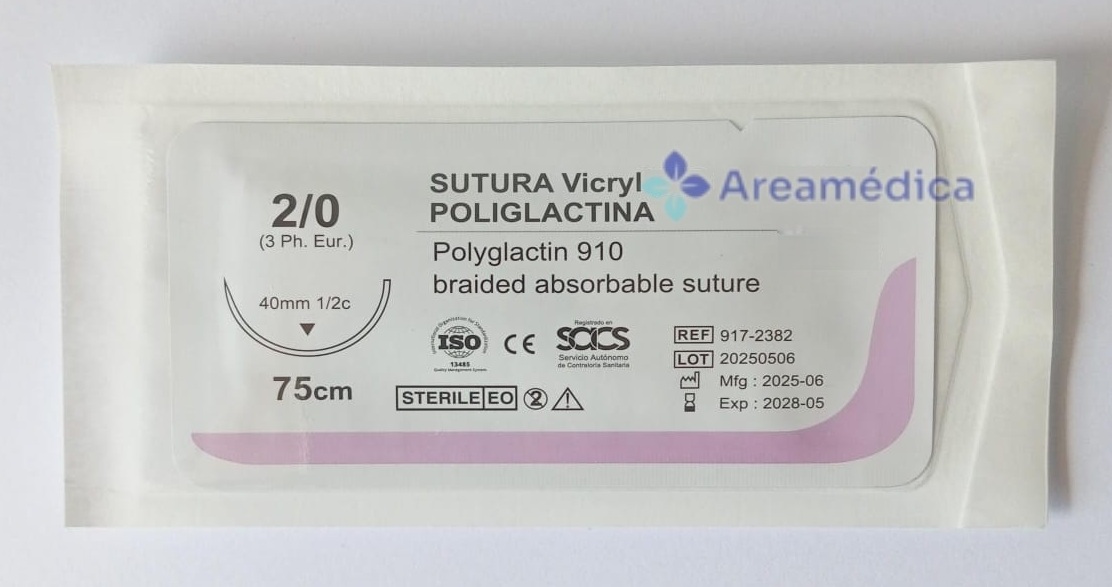 Vicryl 2.0 Curva Cortante V-2382 1 Aguja 1/2C 40mm 75cm Poliglactina Sutura